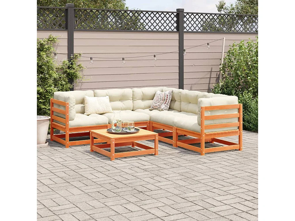 Salon de jardin 6 pcs avec coussins cire marron bois pin massif