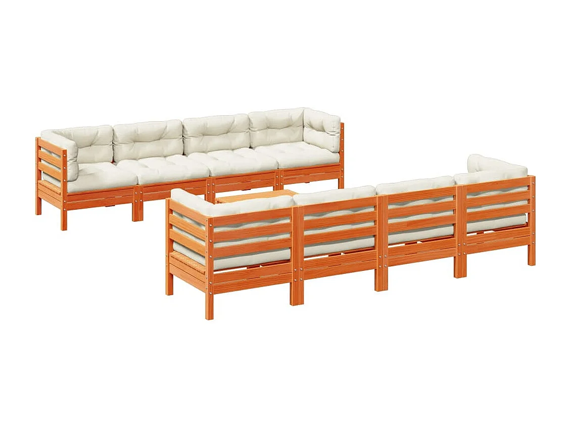 Salon de jardin 9 pcs avec coussins marron cire bois pin massif