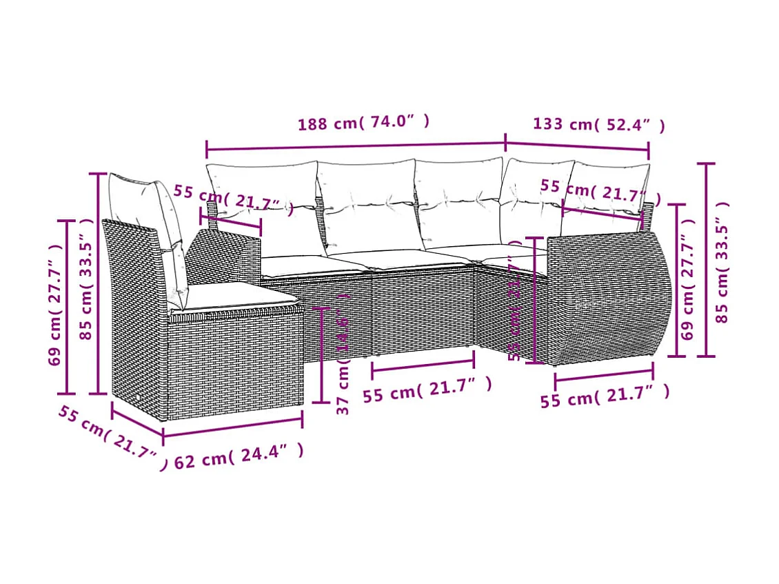 Salon de jardin 5 pcs avec coussins noir résine tressée