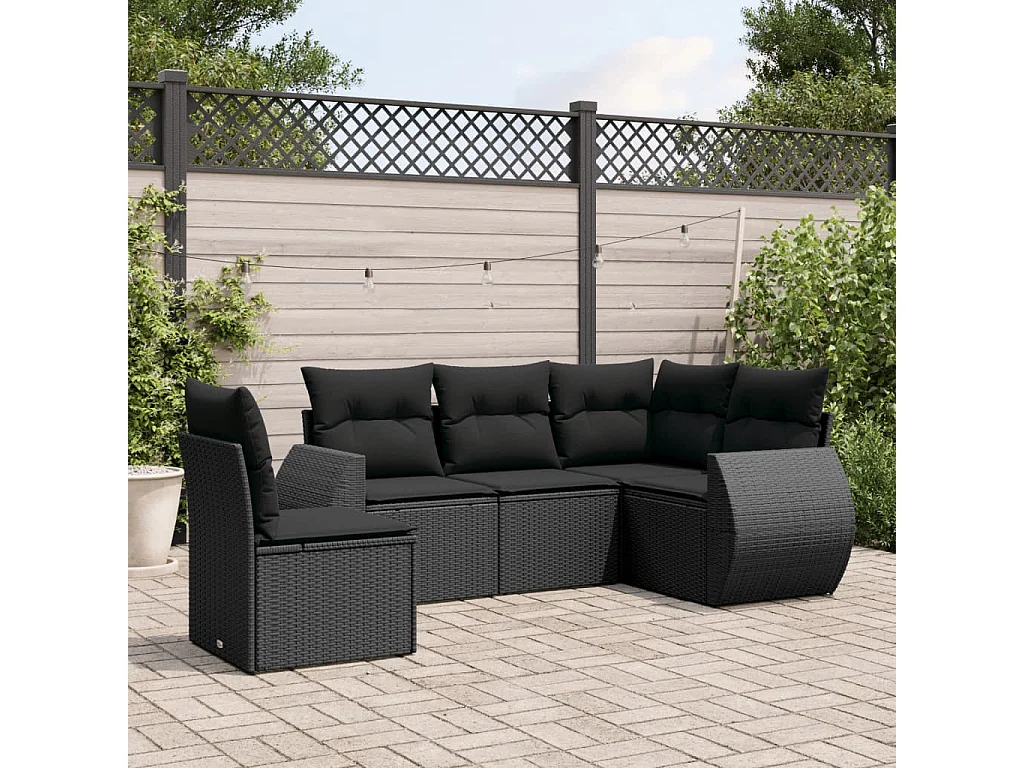 Salon de jardin 5 pcs avec coussins noir résine tressée