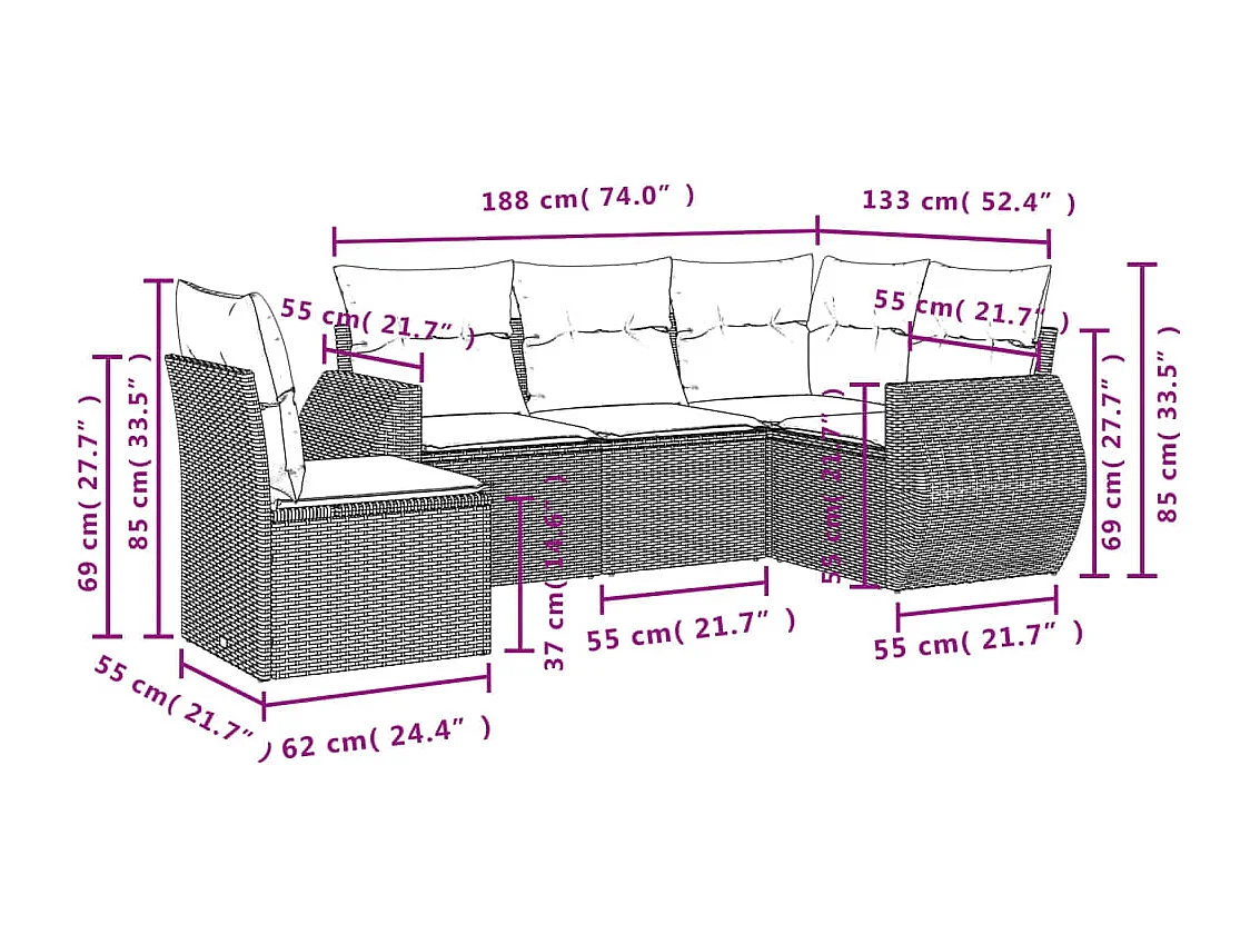 Salon de jardin 5 pcs avec coussins noir résine tressée