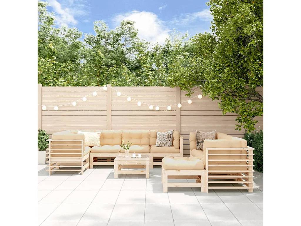 Salon de jardin 10 pcs avec coussins bois massif