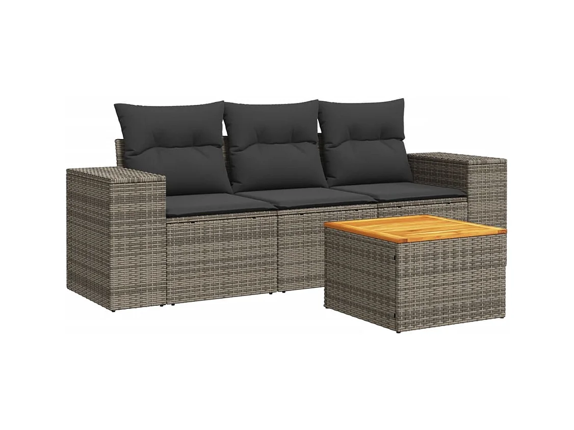Salon de jardin 4 pcs avec coussins gris résine tressée