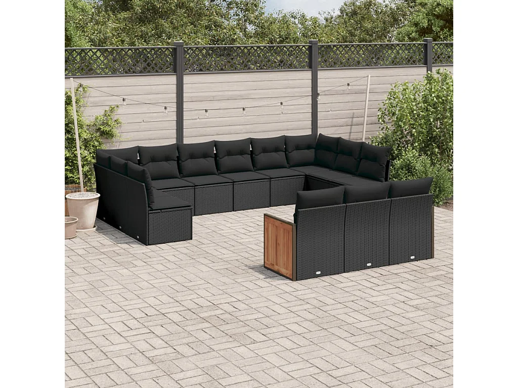 Salon de jardin avec coussins 13 pcs noir résine tressée
