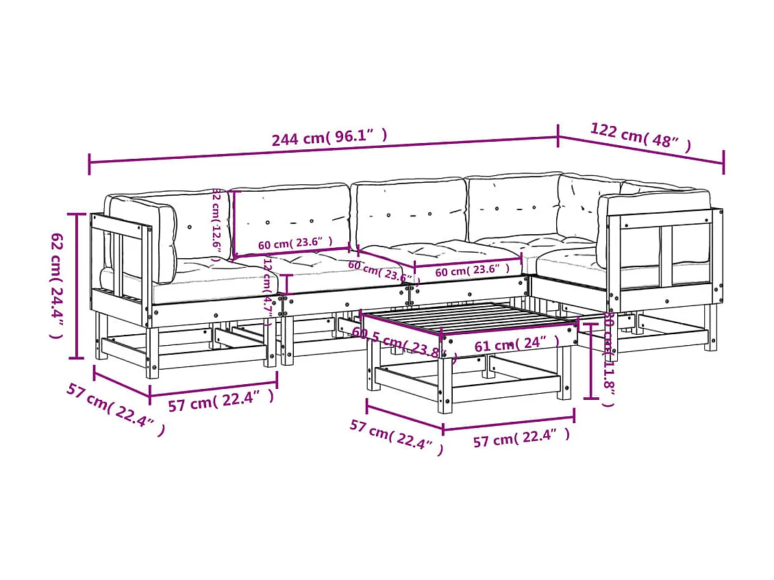 Salon de jardin 6 pcs avec coussins bois massif Douglas