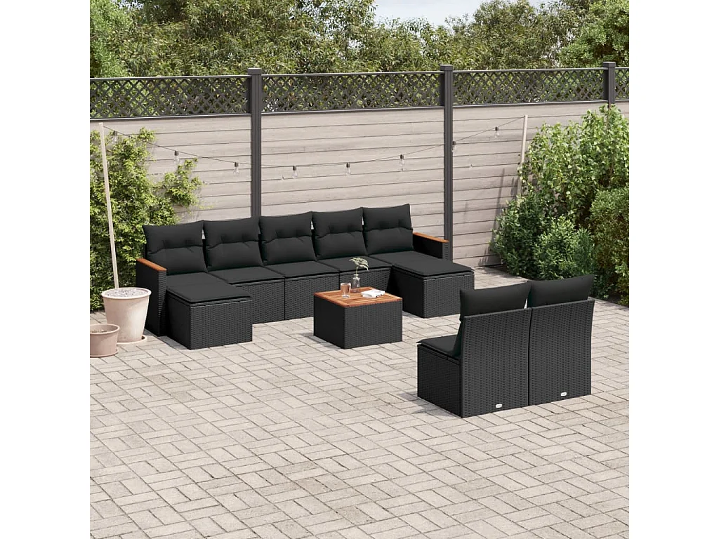 Salon de jardin 10 pcs avec coussins noir résine tressée