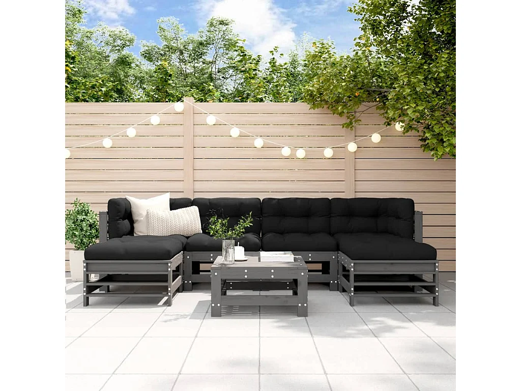 Salon de jardin 7 pcs avec coussins gris bois massif