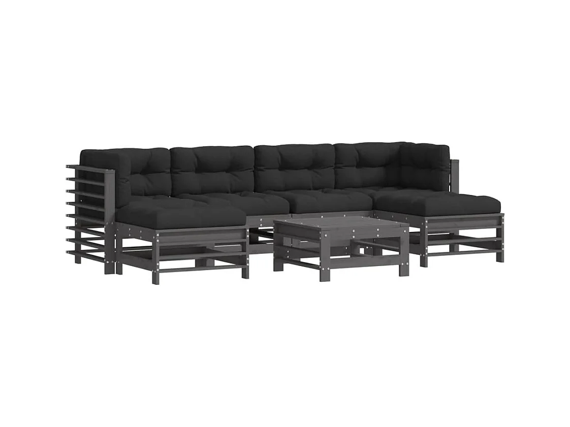 Salon de jardin 7 pcs avec coussins gris bois massif