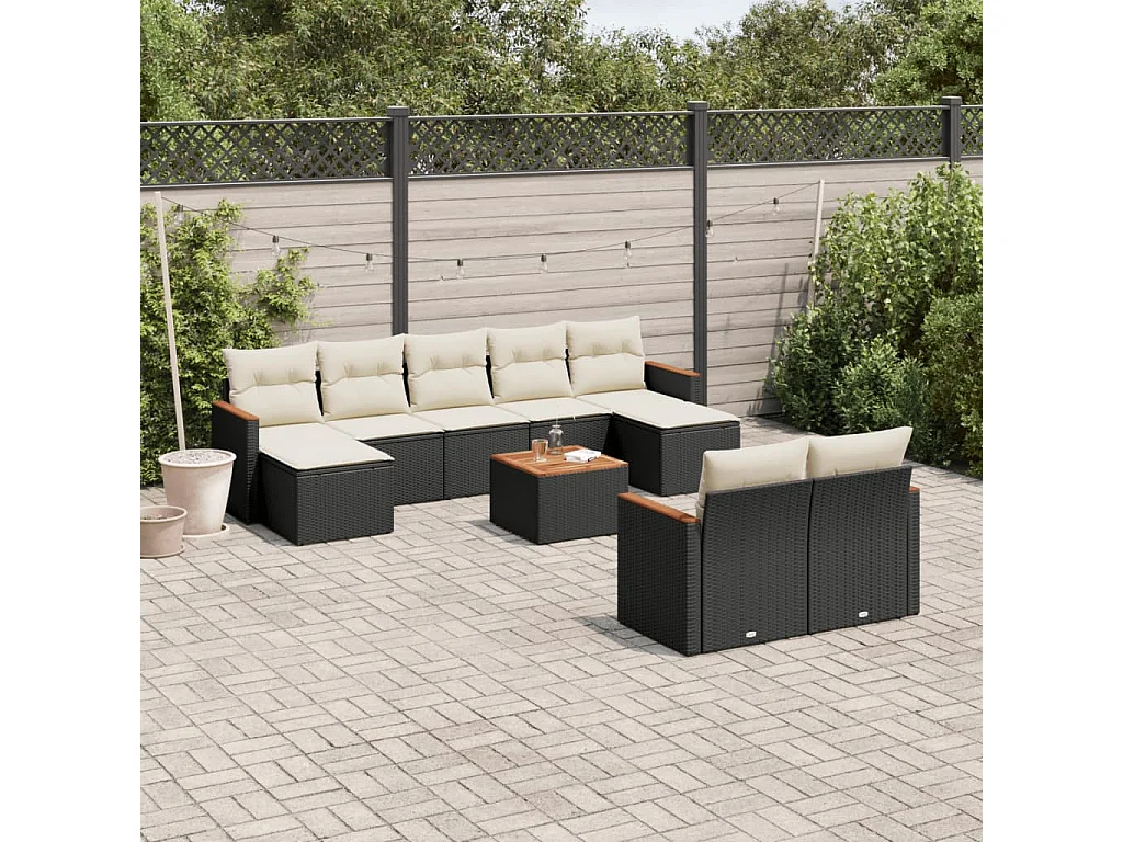 Salon de jardin 10 pcs avec coussins noir résine tressée