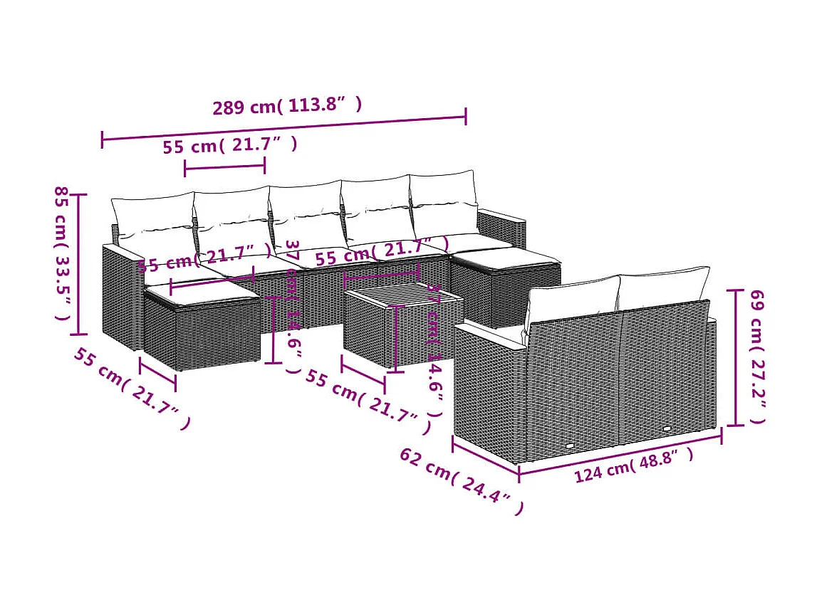Salon de jardin 10 pcs avec coussins noir résine tressée