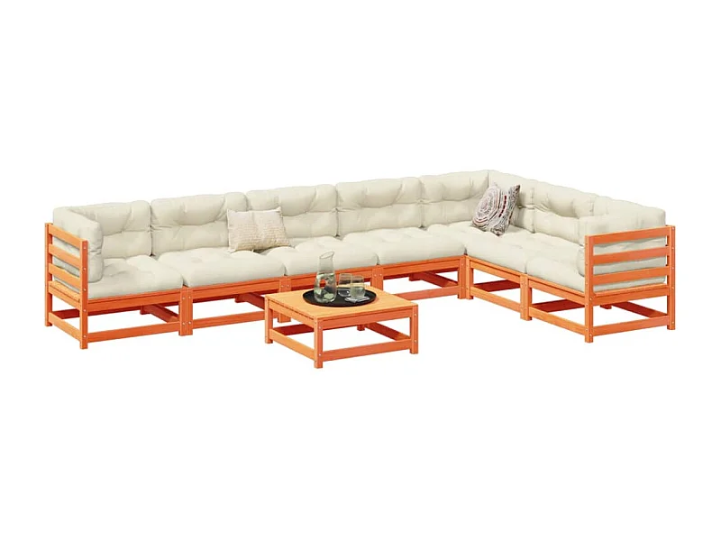 Salon de jardin 8 pcs avec coussins marron cire bois pin massif