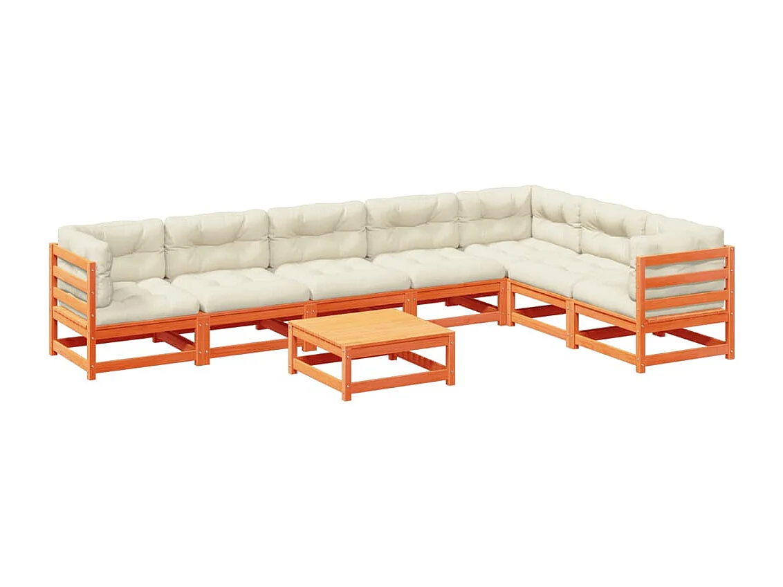 Salon de jardin 8 pcs avec coussins marron cire bois pin massif