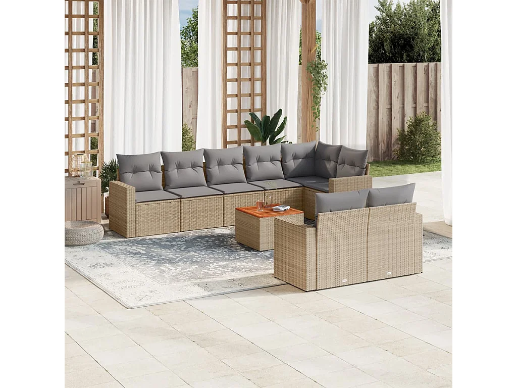 Salon de jardin avec coussins 9 pcs beige résine tressée