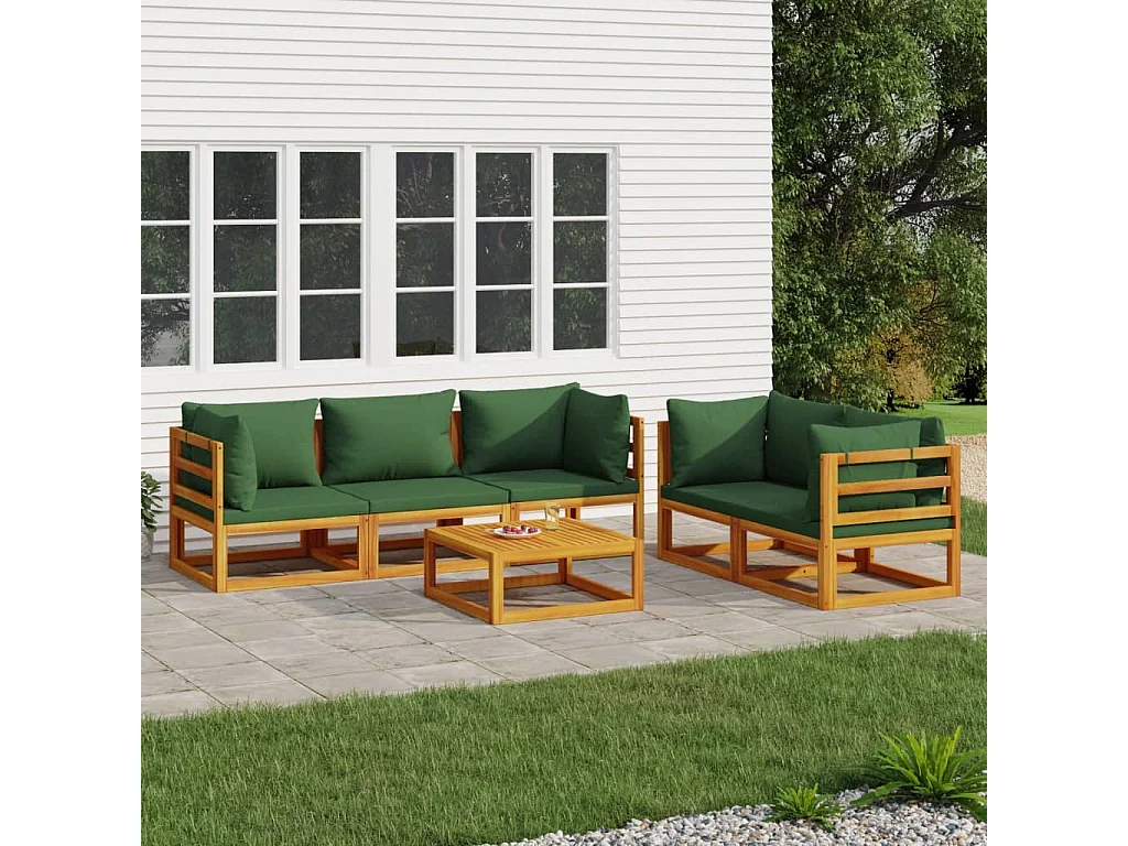 Salon de jardin 6 pcs avec coussins vert bois massif