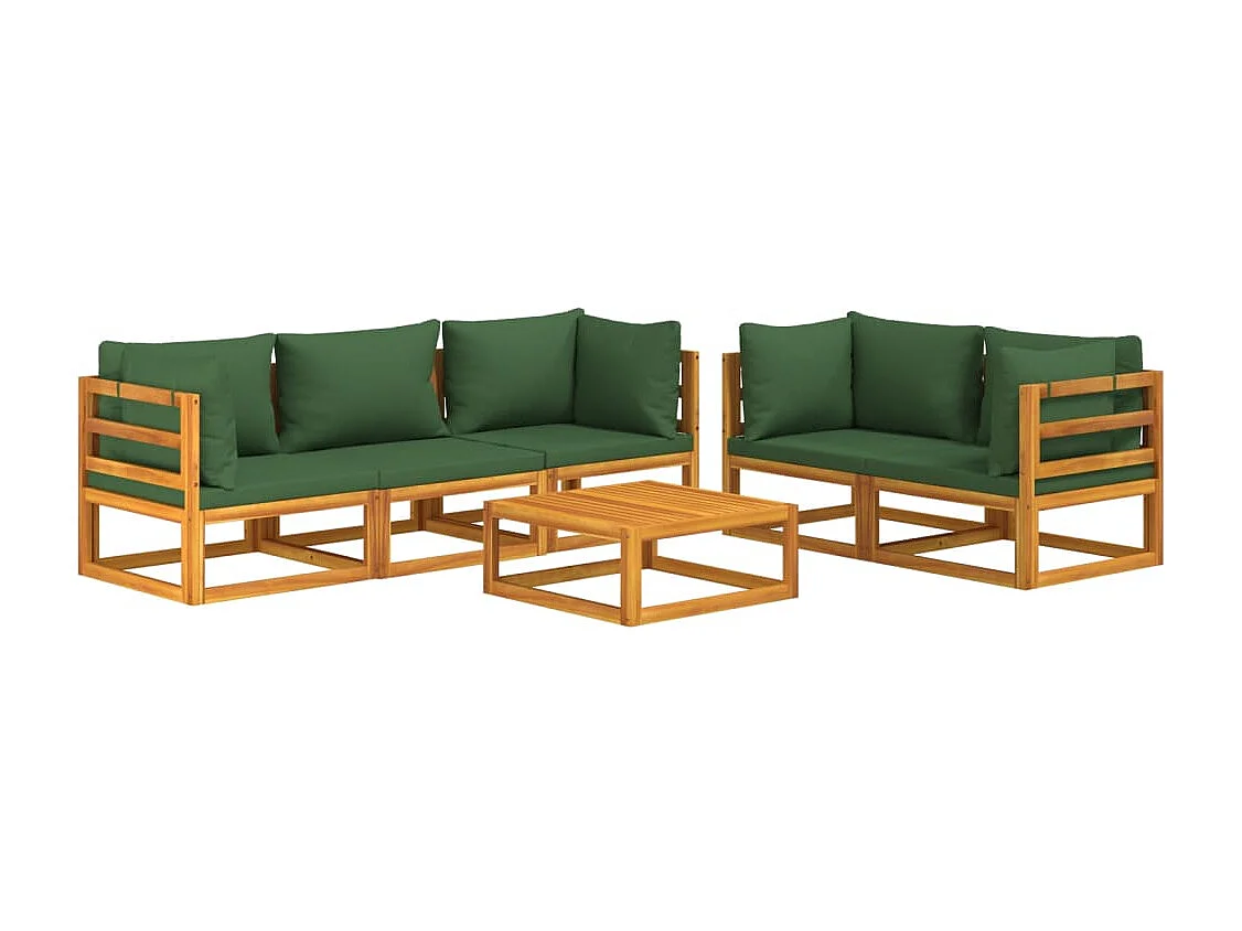 Salon de jardin 6 pcs avec coussins vert bois massif