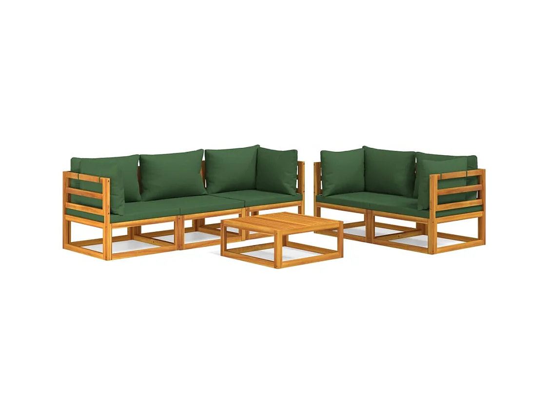 Salon de jardin 6 pcs avec coussins vert bois massif