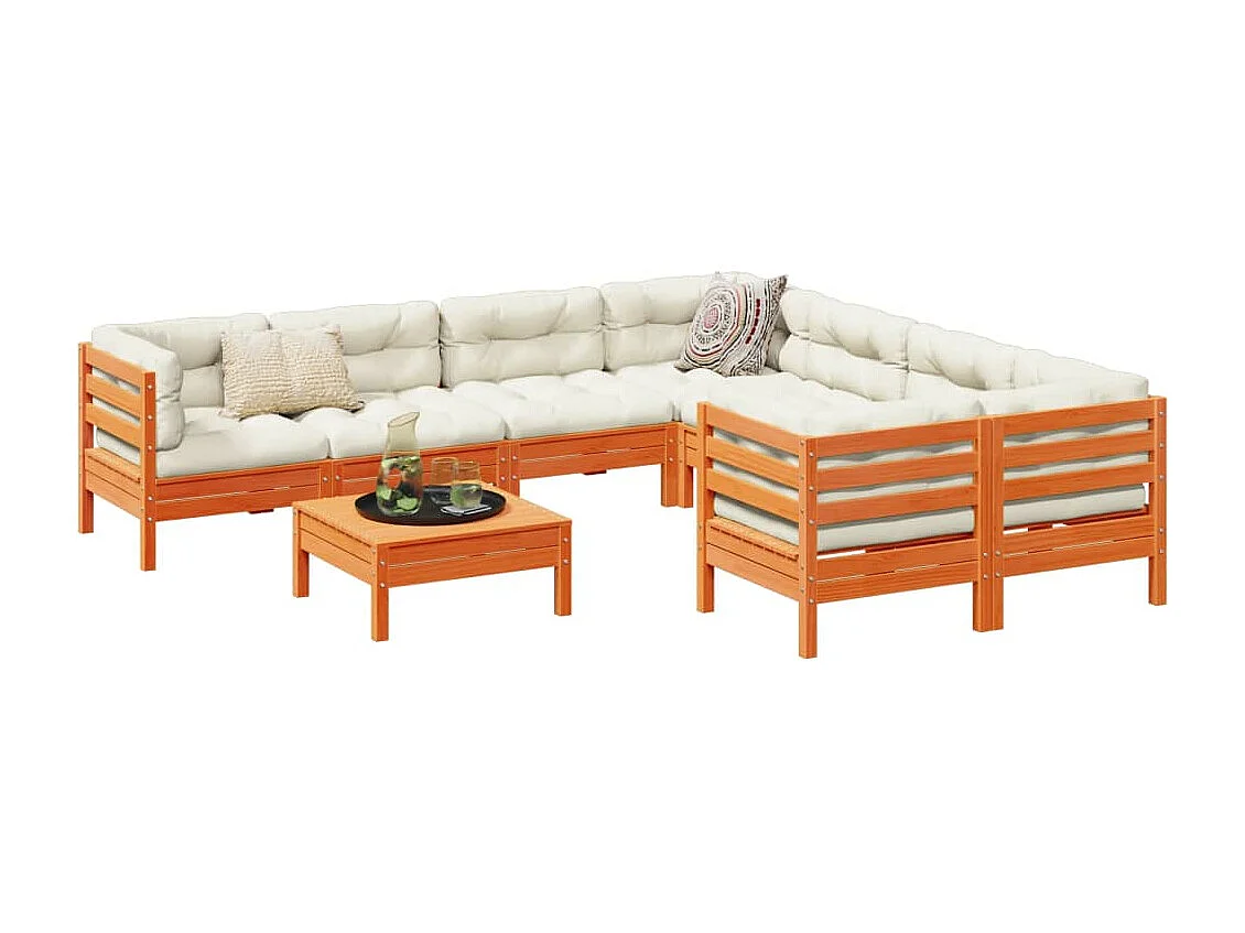 Salon de jardin 9 pcs avec coussins marron cire bois pin massif