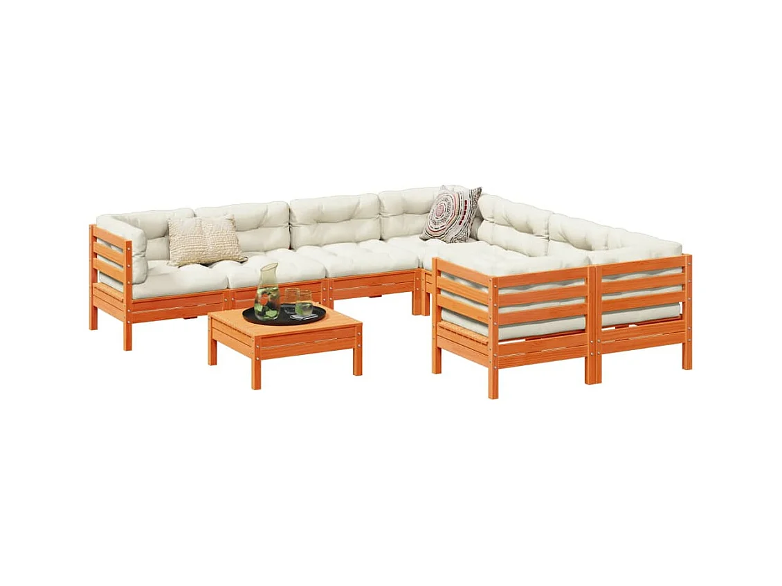 Salon de jardin 9 pcs avec coussins marron cire bois pin massif