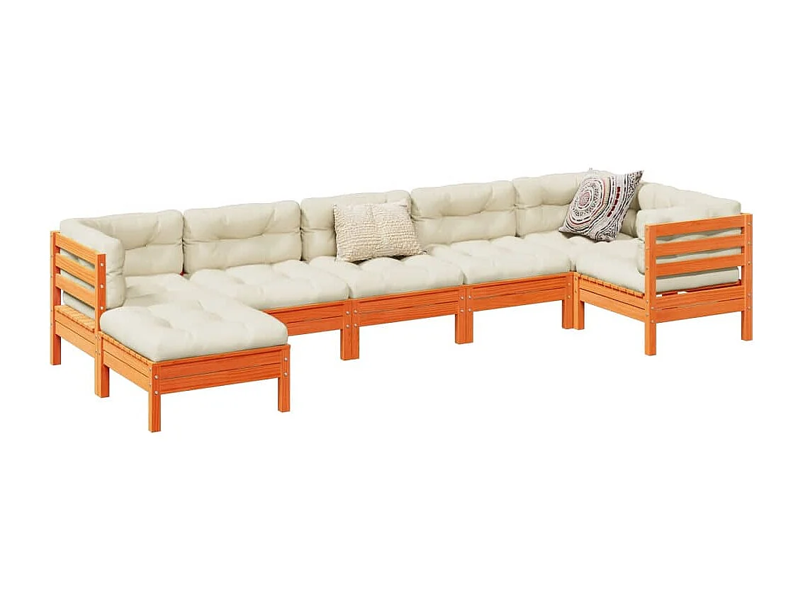 Salon de jardin 7 pcs avec coussins cire marron bois pin massif