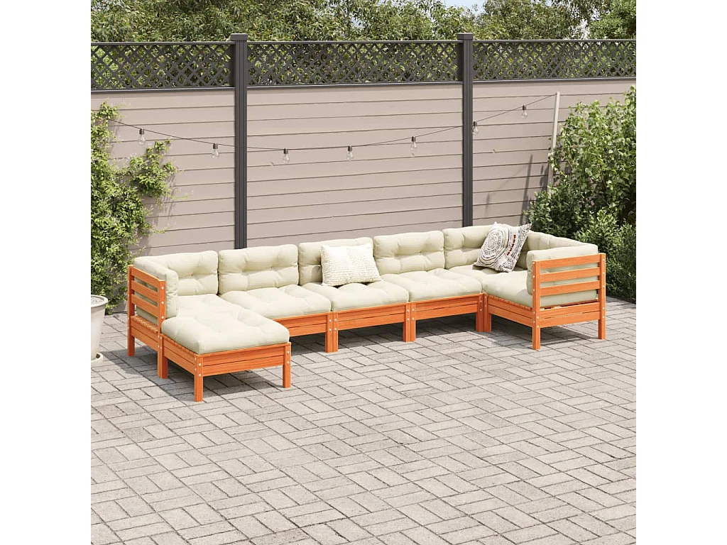 Salon de jardin 7 pcs avec coussins cire marron bois pin massif