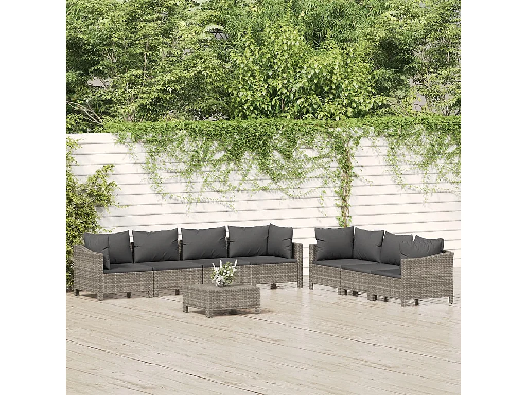 Salon de jardin 8 pcs avec coussins Gris Résine tressée