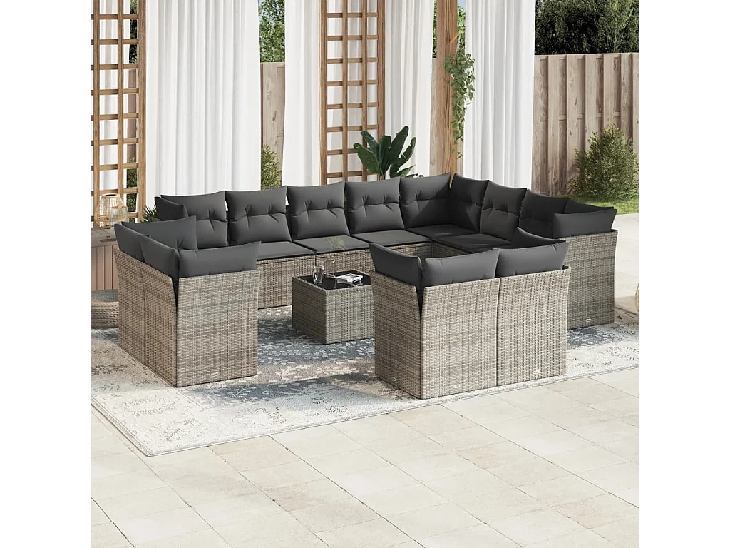 Salon de jardin avec coussins 13 pcs gris résine tressée