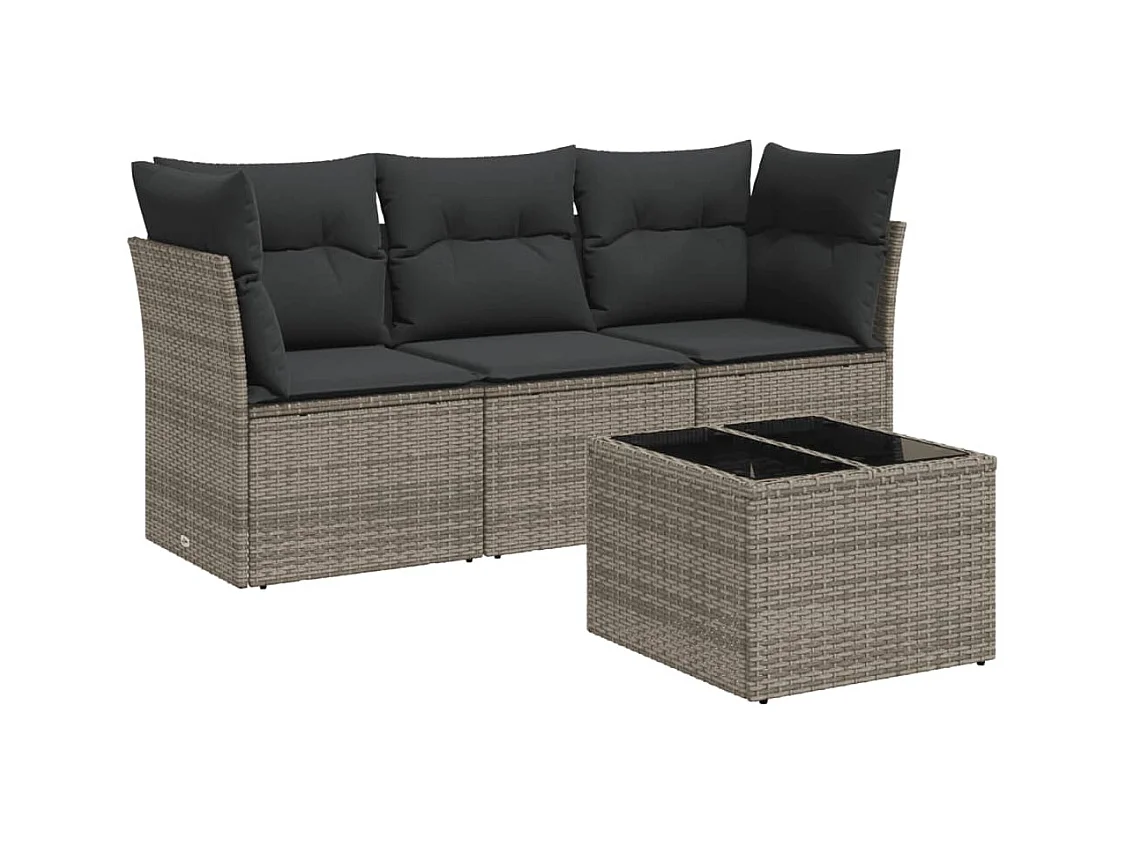 Salon de jardin 4 pcs avec coussins gris résine tressée