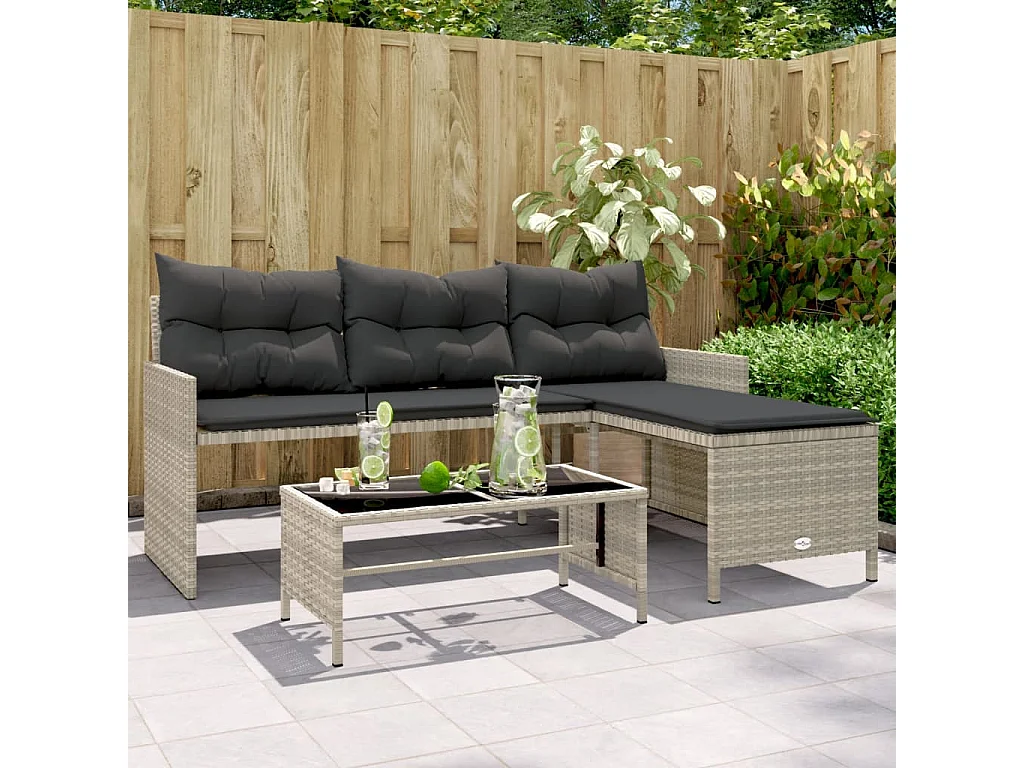 Canapé de jardin et table et coussins en forme de L gris clair