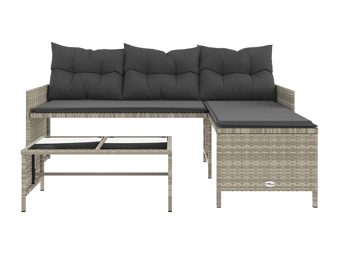 Canapé de jardin et table et coussins en forme de L gris clair