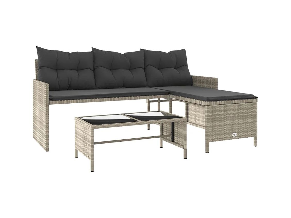 Canapé de jardin et table et coussins en forme de L gris clair