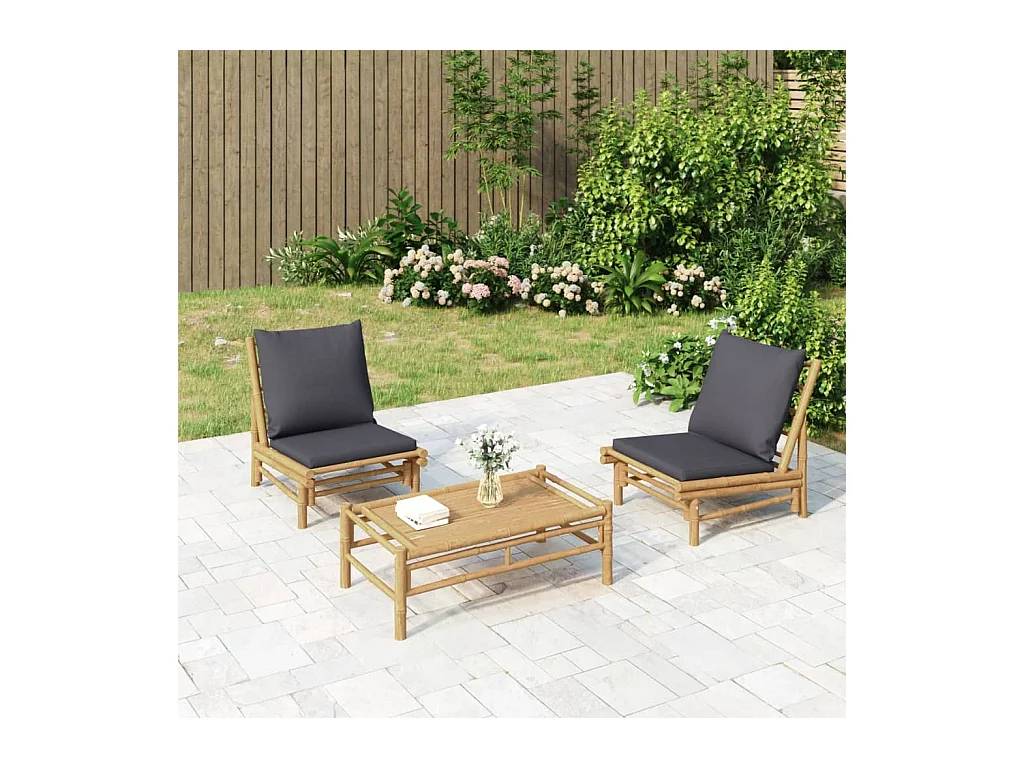 Salon de jardin 3 pcs avec coussins gris foncé bambou