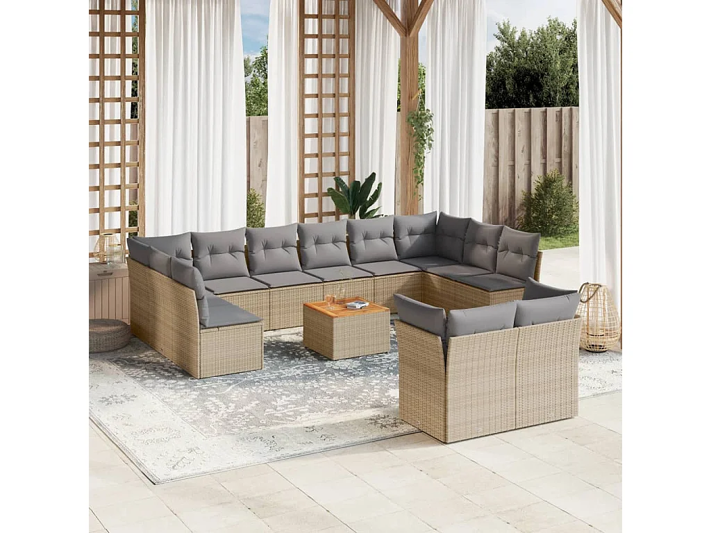 Salon de jardin avec coussins 13 pcs beige résine tressée