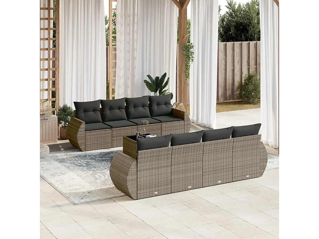 Salon de jardin 9 pcs avec coussins gris résine tressée