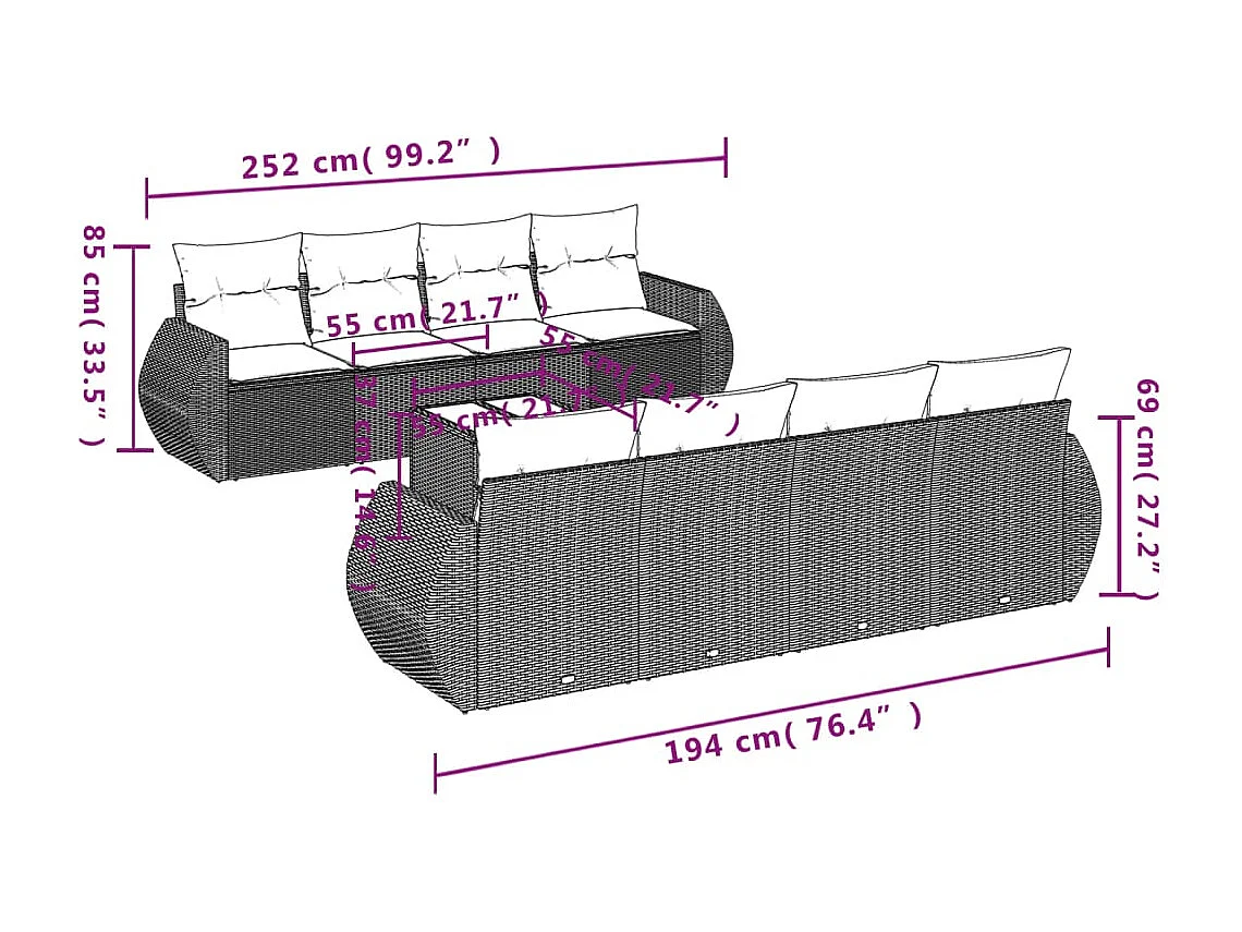 Salon de jardin 9 pcs avec coussins gris résine tressée