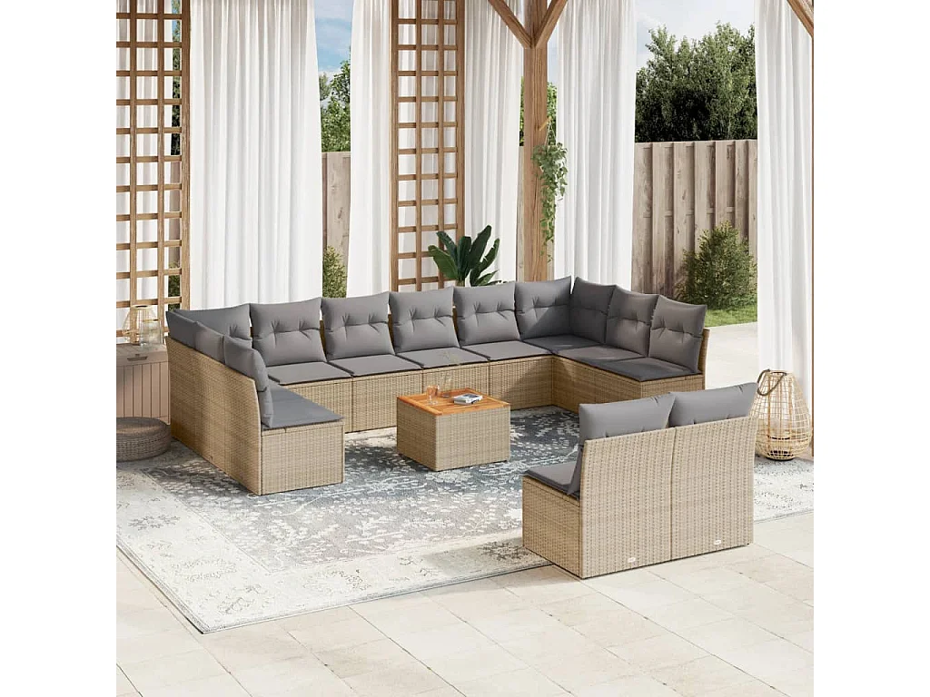 Salon de jardin avec coussins 13 pcs beige résine tressée