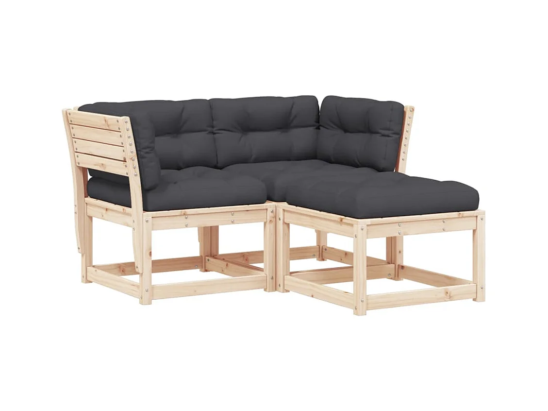 Salon de jardin 3 pcs avec coussins bois de pin massif