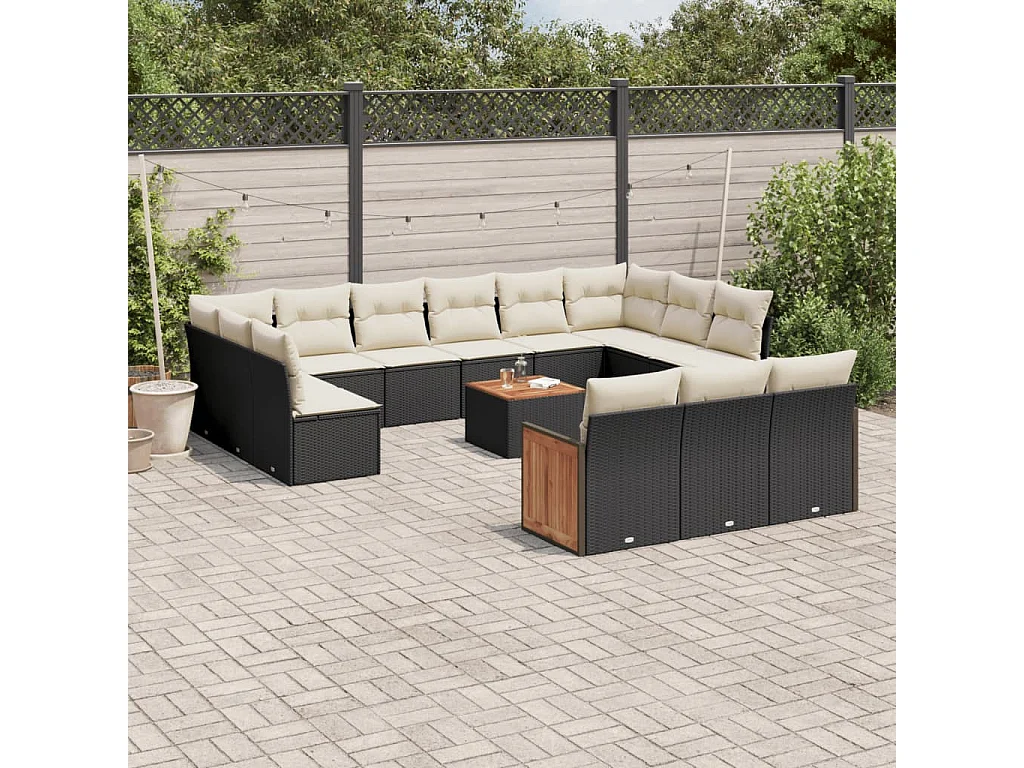 Salon de jardin avec coussins 14 pcs noir résine tressée