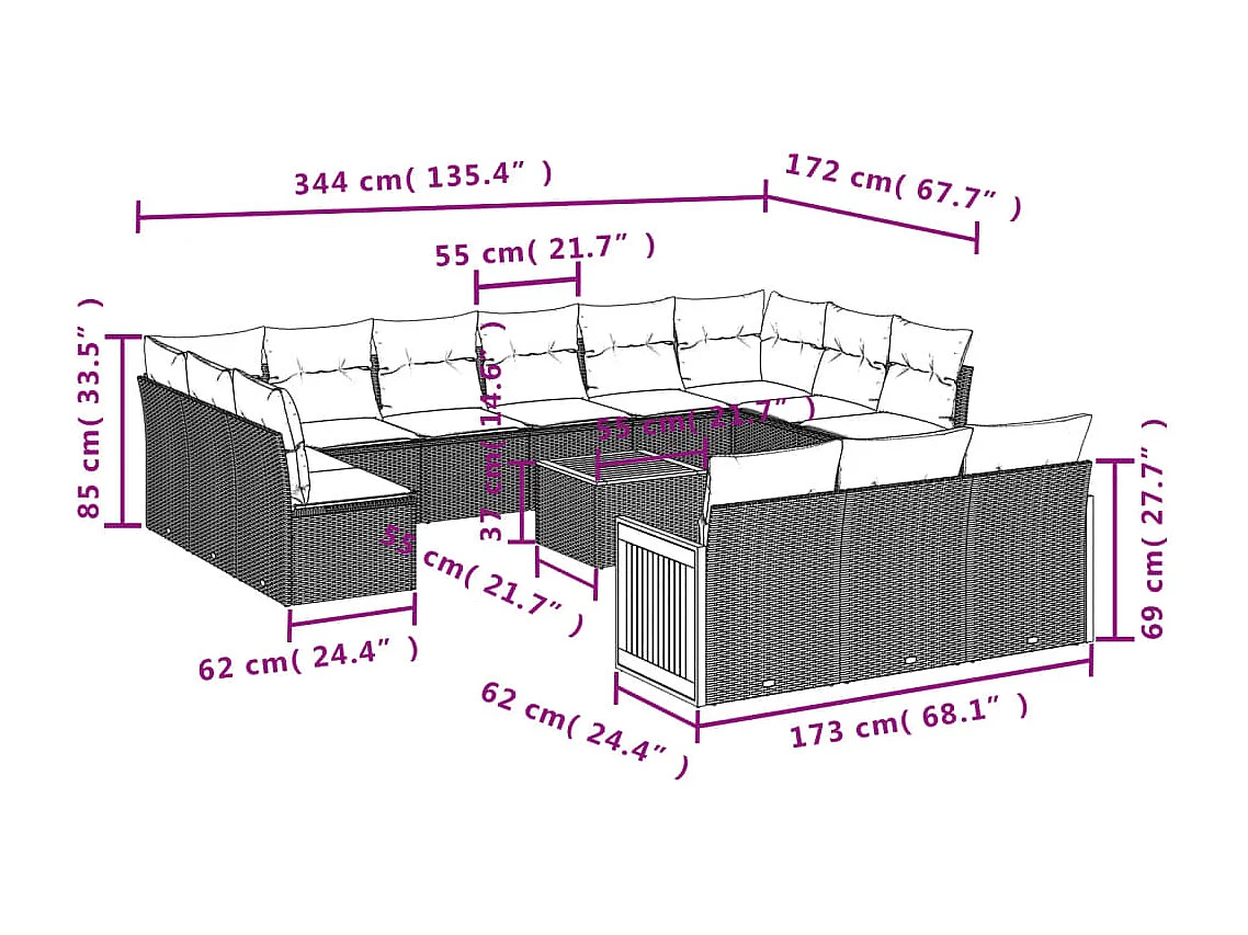 Set sofás de jardín 14 pzas con cojines ratán sintético negro