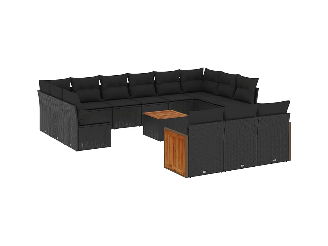 Salon de jardin avec coussins 14 pcs noir résine tressée