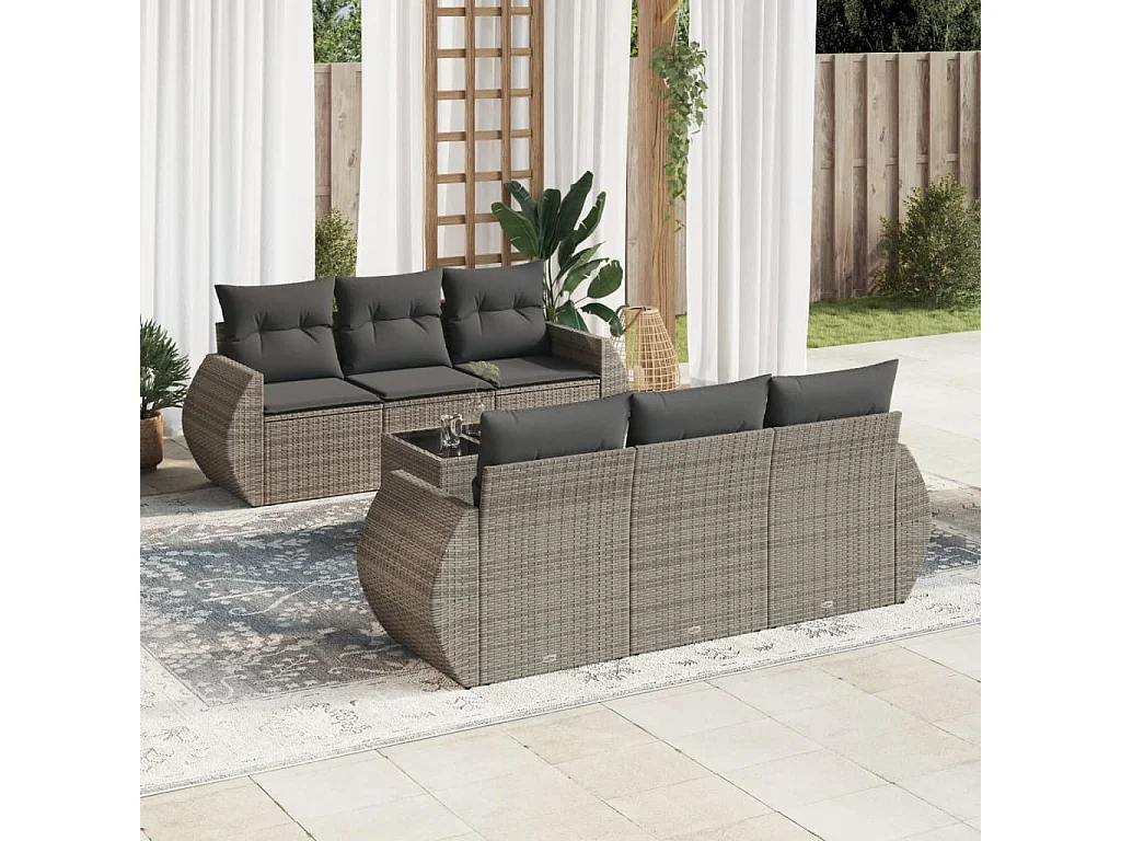 Salon de jardin avec coussins 7 pcs gris résine tressée