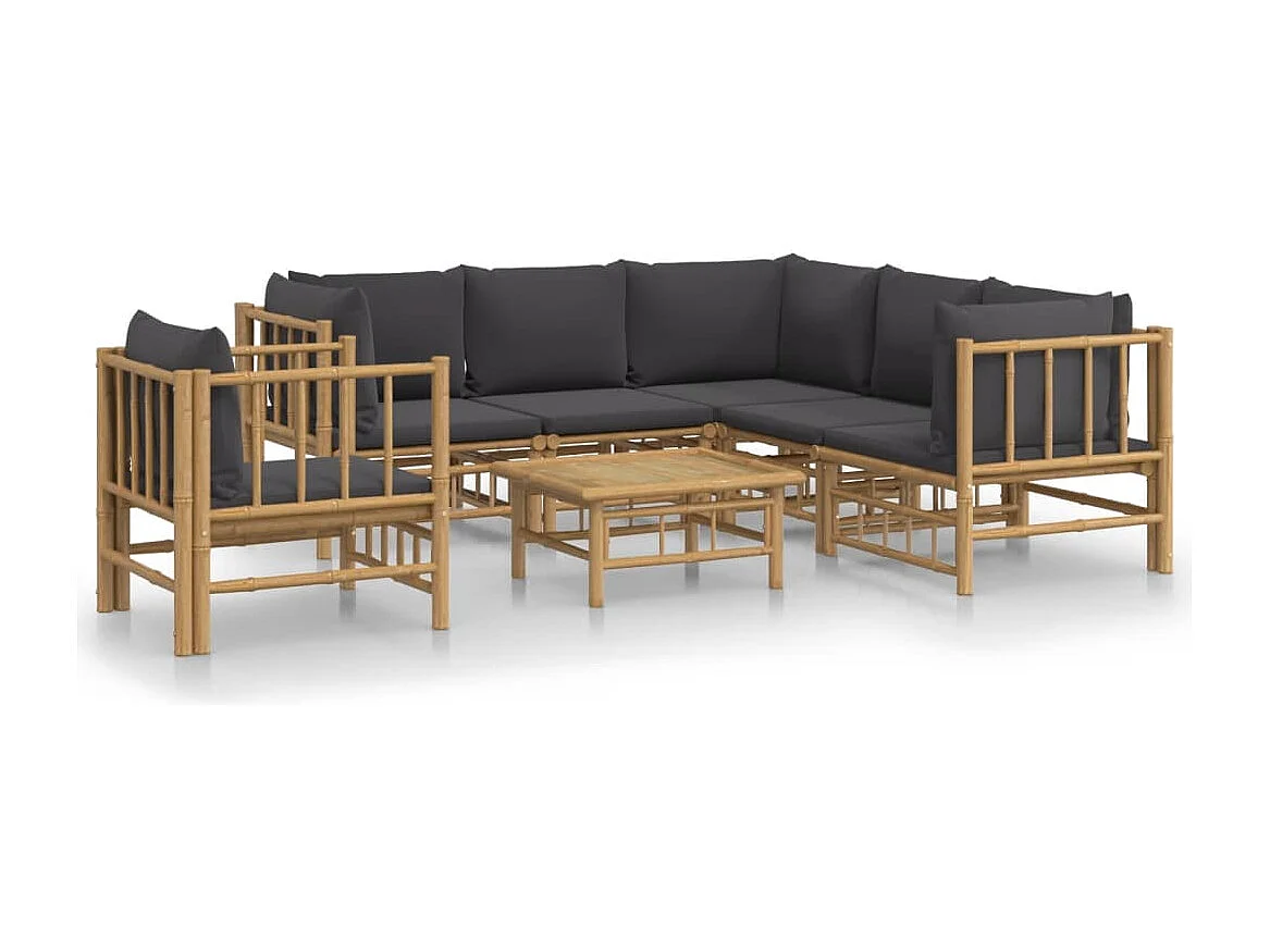 Salon de jardin 7 pcs avec coussins gris foncé bambou