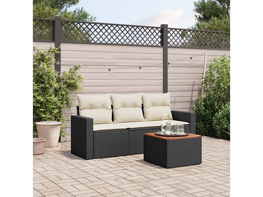 Salon de jardin 4 pcs avec coussins noir résine tressée