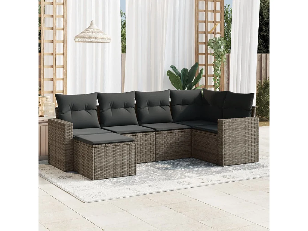 Salon de jardin 6 pcs avec coussins gris résine tressée