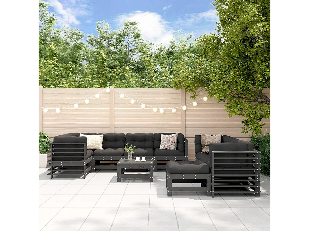 Salon de jardin 10 pcs avec coussins gris bois massif