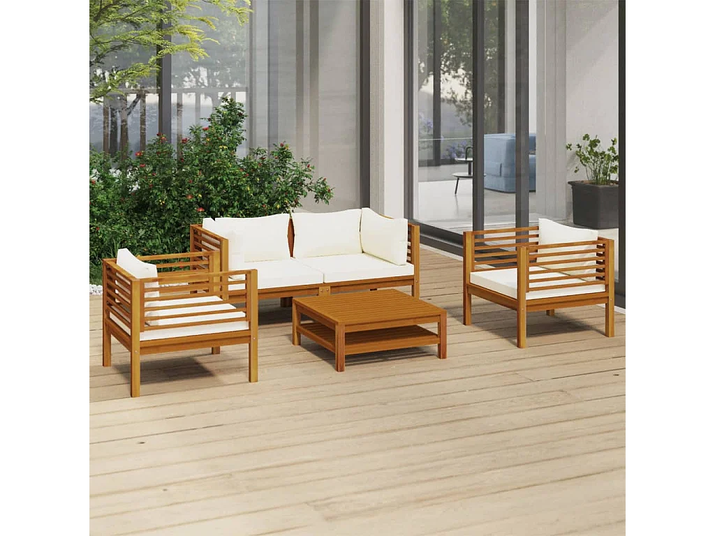 Salon de jardin 5 pcs avec coussin crème Bois d'acacia solide 4