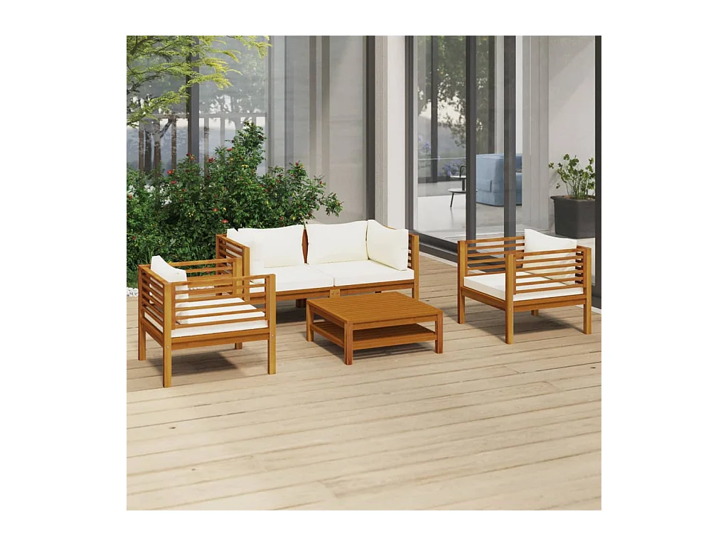 Salon de jardin 5 pcs avec coussin crème Bois d'acacia solide 4