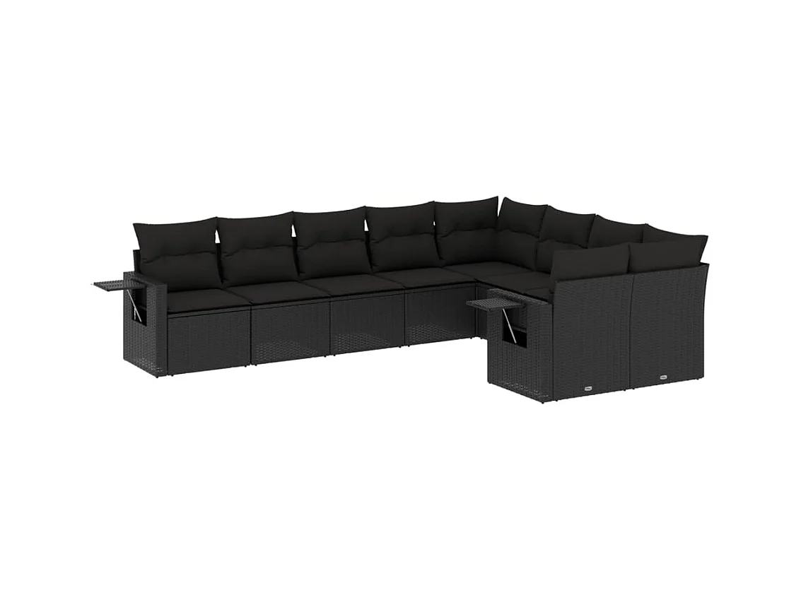 Salon de jardin 9 pcs avec coussins noir résine tressée