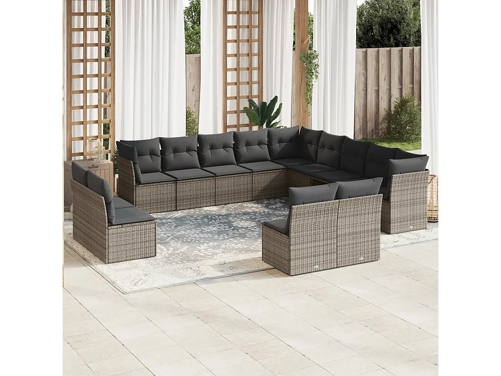 Salon de jardin avec coussins 12 pcs gris résine tressée