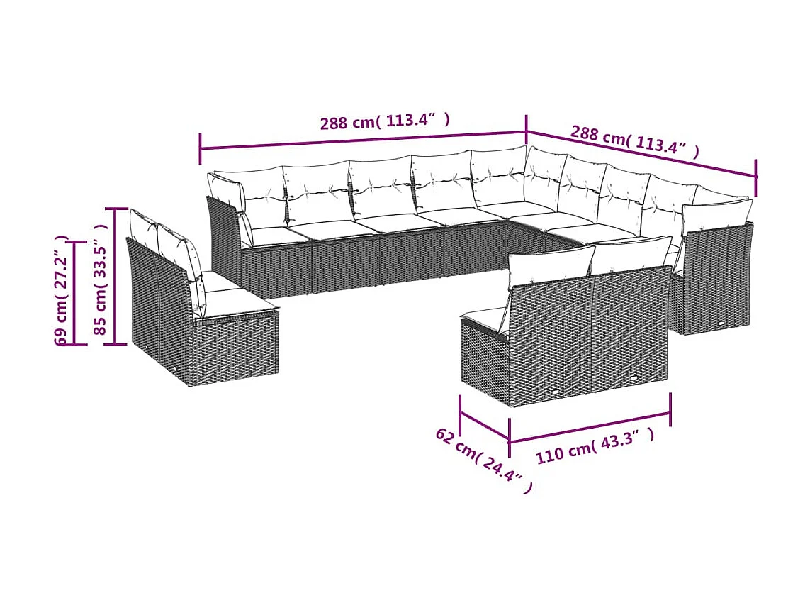 Salon de jardin avec coussins 12 pcs gris résine tressée