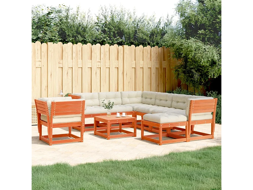 Salon de jardin 8 pcs avec coussins marron bois pin massif